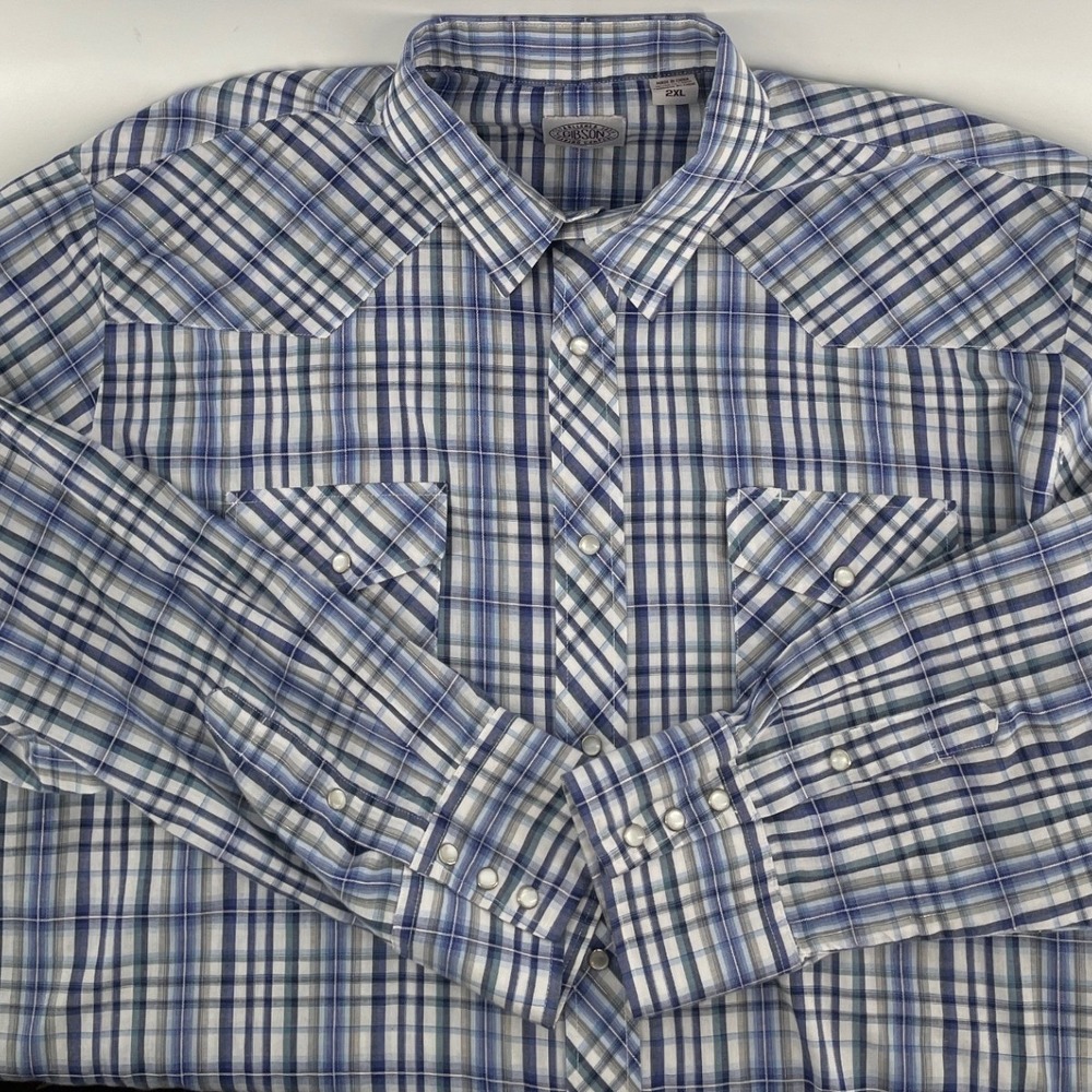 Gibson Trading Co Western Shirt Mens 2XL Blue Plaid Pearl‎ Snap Metallic Thread